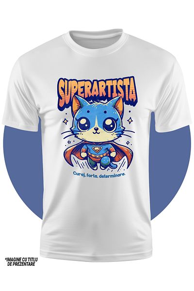 StoryGift Romania Children's T-shirt for Girls Super Artista, Superhero, Flying Cat 100% Cotton, Unisex, White, 12 Years