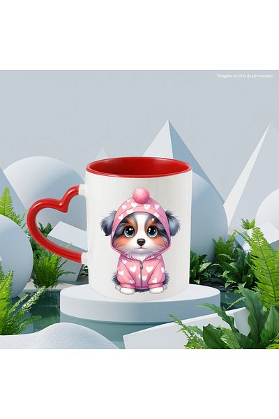 StoryGift Romania Mug with a shy puppy | illustration | blushing | wearing a heart sweatshirt, With ,STG.