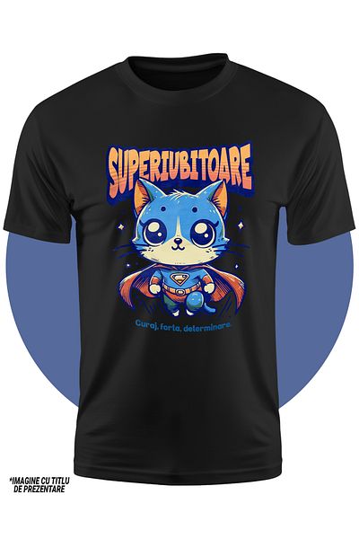 StoryGift Romania Tricou Copii Fete Super Iubitoare, SuperErou, Pisica Zburand 100% Bumbac, Unisex, Negru, 1