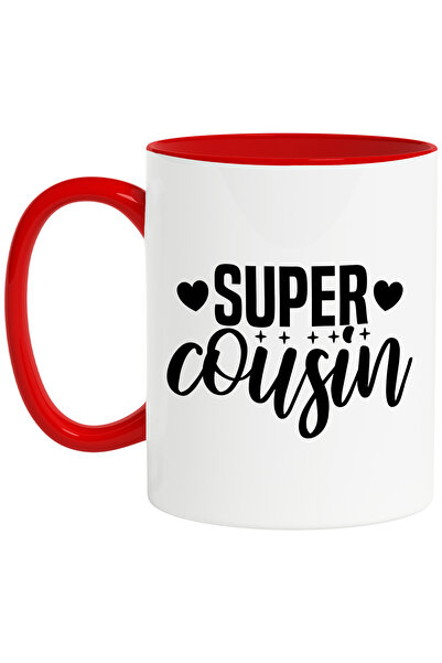 StoryGift Romania Cana pentru o verisoara iubita mult cu text in engleza "Super cousin" - inimioar, Cu Maner Rosu STG
