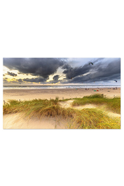 StoryGift Romania Tablou Canvas - Kitesurfing La Apus Pe Plaja Din Olanda, Cu Cerul Colorat De Apus
