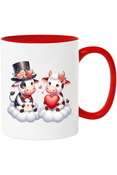 StoryGift Romania Cana cu o vacuta si un taur care stau pe nori | ilustratie | inima | scrisoare |, Cu Maner Rosu STG