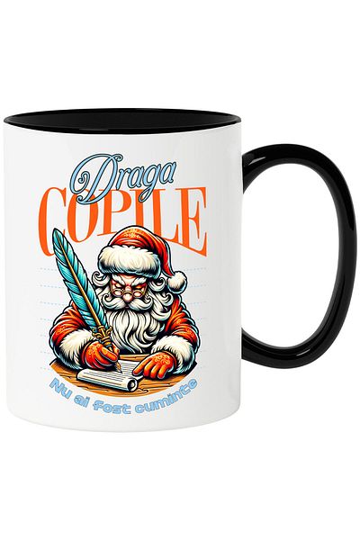 StoryGift Romania Cana cu Mos Craciun Cu Pana Stilou Si Lista Text Haios Draga copile Nu Ai Fost C, Cu Maner Negru STG