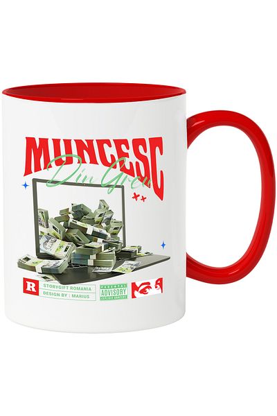 StoryGift Romania Cana Muncesc din Greu pe Laptop - Teanc de Bani Romanesti de 500 Lei , 330ml, Ce, Cu Maner Rosu STG