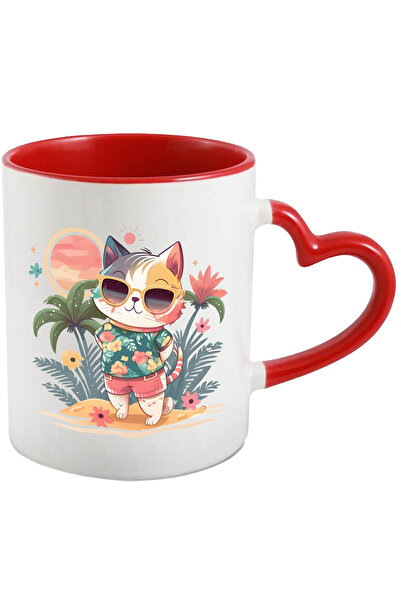 StoryGift Romania Cana cu o pisicuta in vacanta | ilustratie | plaja | la mare | soare | palmieri , Cu Maner Inim STG