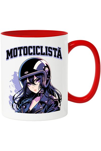 StoryGift Romania Cana Fata stil anime cu casca iubitoare de viteza text Motociclista, 330ml, Cera, Cu Maner Rosu STG