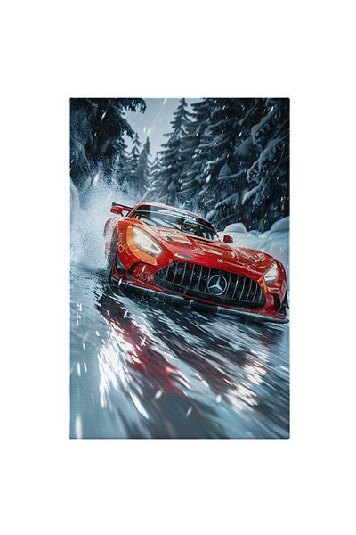 StoryGift Romania Tablou Canvas Masina Sport Mercedes Rosu Care Merge Cu Viteza Luminii Pe Drumul Cu Zapada Din