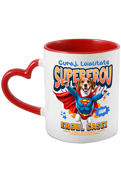 StoryGift Romania Cana cu beagle Caine In Costum de SuperMan cu Pelerina, Erou Nocturn, Desene ani, Cu Maner Inim STG