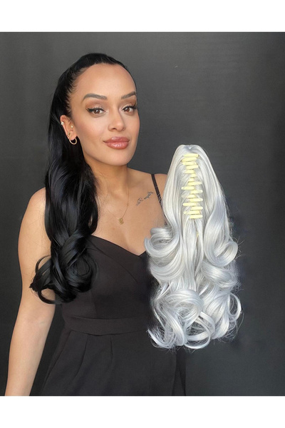 Suzan Peruk Metalik Gri Tokalı Mandallı Postiş At Kuyruğu Çıtçıt Saç