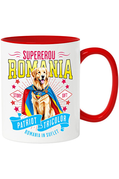 StoryGift Romania Mug with Golden Retriever Dog in Captain Romania Costume with Cape, Hero No, with Red Handle STG