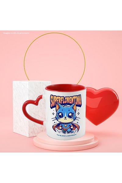 StoryGift Romania Super Florentine Mug, Superhero, Flying Cat, 330ml, Ceramic with Heart Handle, With ,STG.