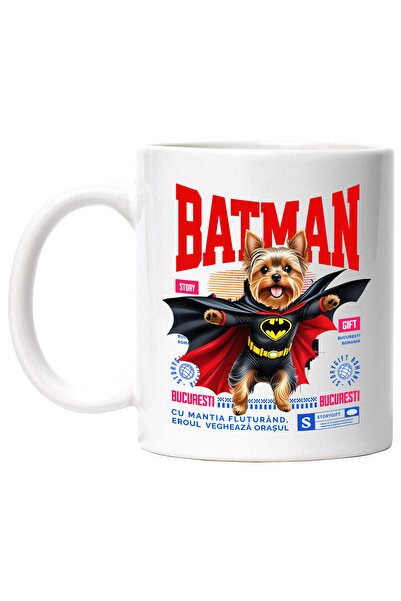 StoryGift Romania Cana cu Yorkshire Terrier Caine In Costum de BatMan cu Pelerina, Erou Nocturn, D, Cu Maner Alb STG