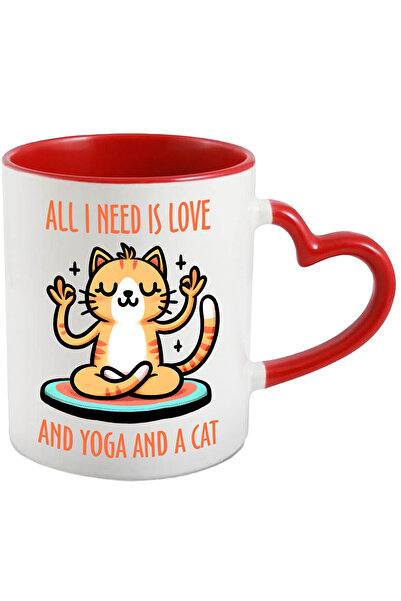 StoryGift Romania Cana cu pisicuta care mediteaza cu mesajul "All I need is love and yoga and a ca, Cu Maner Inim STG