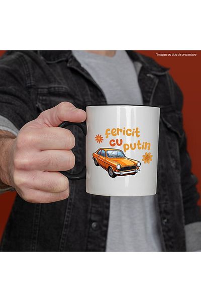 StoryGift Romania Happy with a little vintage classic car mug, 330ml, Ceramic with Black Handle, With Handle, STG