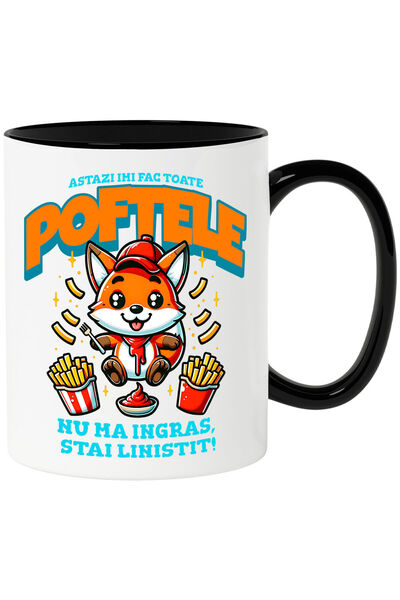 StoryGift Romania Cana cu Vulpe Cu Sapca Rosie Cartofi Prajiti Si Sos Text Haios Astazi Imi fac To, Cu Maner Negru STG