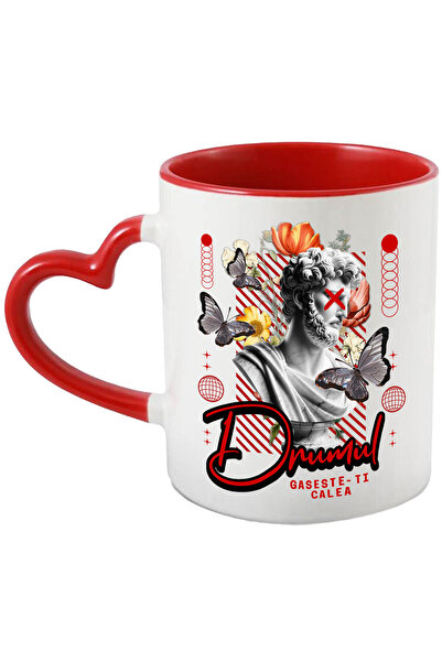 StoryGift Romania Cana cu Statuie Umana Bust Barbatesc Fluturi Flori Colorate Text Drumul Gaseste-, Cu Maner Inim STG