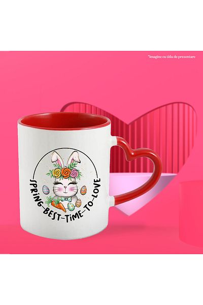 StoryGift Romania Cana cu un iepuras cu mesajul "Spring - Best - Time - To - Love", Paste fericit,, Cu Maner Inim STG