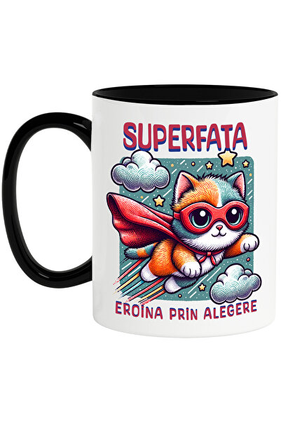 StoryGift Romania Cana Super Fata,SuperErou, Eroina Prin Alegere, 330ml, Ceramica cu Maner Negru, Cu Maner Negru STG