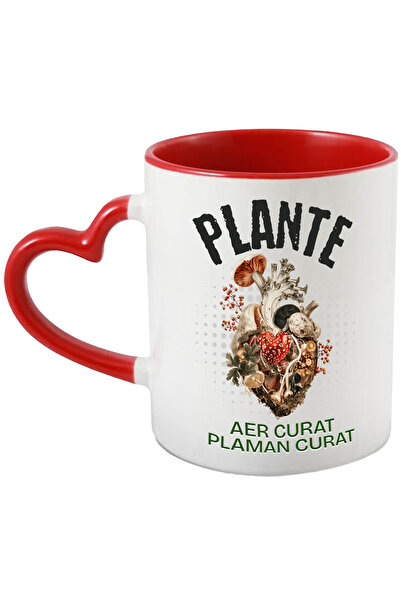 StoryGift Romania Cana Inima formata din plante, vegetatie, natura, 330ml, Ceramica cu Maner Inima, Cu Maner Inim STG