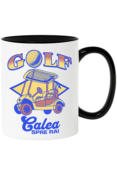 StoryGift Romania Cana Masinuta de golf, text CALEA SPRE RAI, iubitorii de sport, 330ml, Ceramica , Cu Maner Negru STG