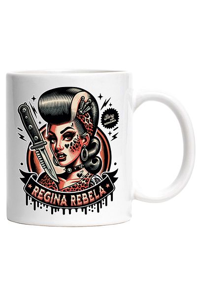 StoryGift Romania Cana regina rebela femeie cu cutit sui tatuaje, 330ml, Ceramic cu Maner Alb, Cu Maner Alb STG