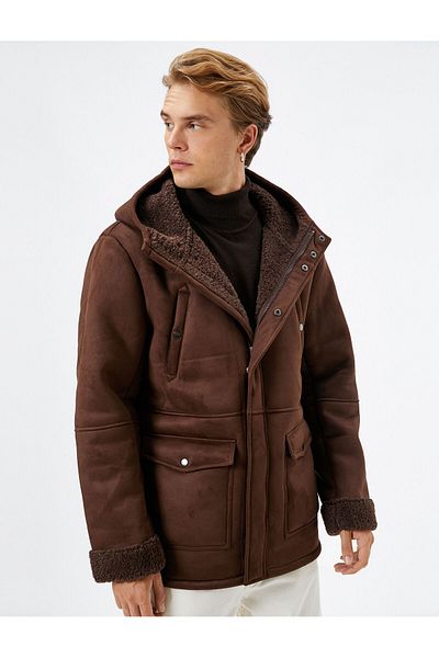 Koton Suede Look Jacket Inside Faux Fur Hooded Zipper with Pocket Detail