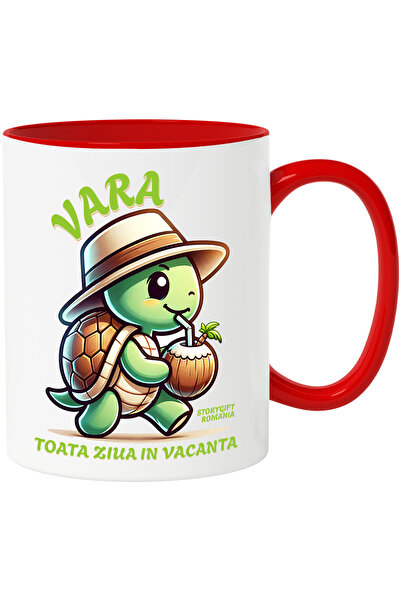 StoryGift Romania Cana Broasca testoasa Cu Palarie si Nuca De cocos Text Vara Toata Ziua In Vacant, Cu Maner Rosu STG