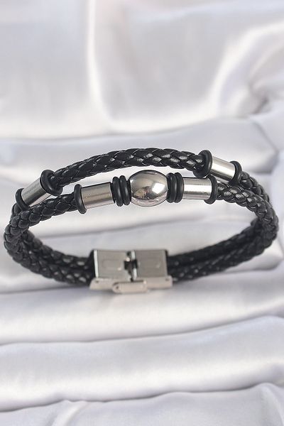 Skygo 316L Steel Silver Color Double Row Twist Pattern Leather Cord Men's Bracelet with Accessories - Tj-Eb3712
