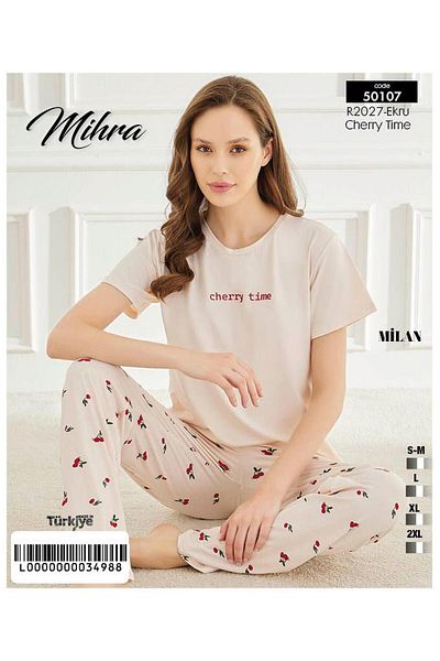 Mihra Women's Crew Neck Milan Lycra Short Sleeve Pajama Set 50107Ekru - 1 Piece