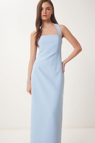 Glysso Halter Neck Slit Midi Dress Baby Blue
