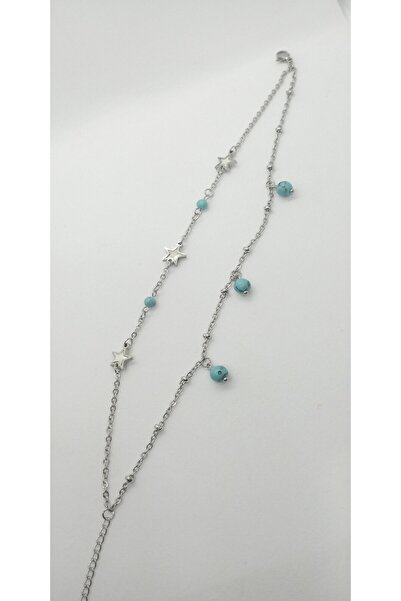 ndjewelry Silver Color Blue Turquoise Bead and Star Figured Anklet