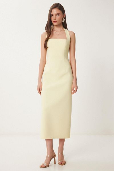 Glysso Halter Neck Slit Midi Dress Yellow