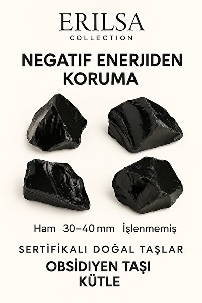 Erilsa Sertifikalı Ham Siyah Obsidyen Taşı Kütle – El Taşı Negatif Enerji Kal...