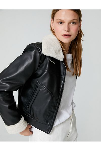 Koton Faux Leather Biker Jacket - Plush Detailed