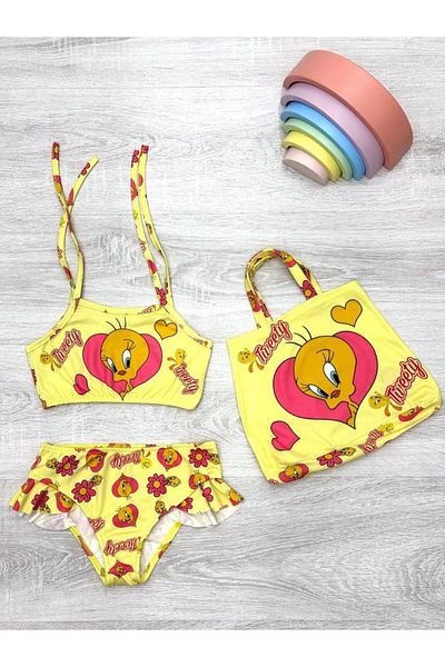ARBİ kids Female Child Tweety Bag Three Pieces Swimwear Bikini Summer Vacation