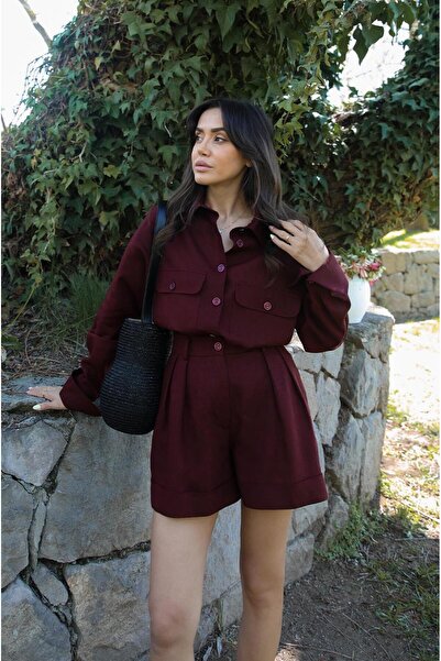 Havoş Claret Red Raw Linen Shirt with Front Pocket