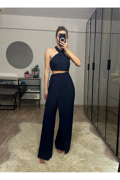 NET OF NOT Lacquer Navy Blue Bamboo Linen Trousers Blouse Set with Lacing Detail
