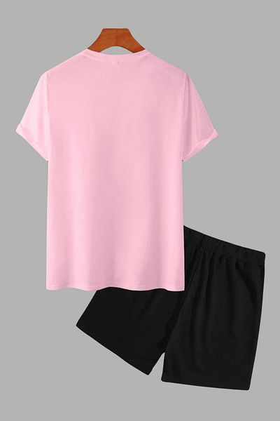 MELADYAN Colorful Cow Head Printed Pink T-Shirt Black Shorts Bottom Top Set