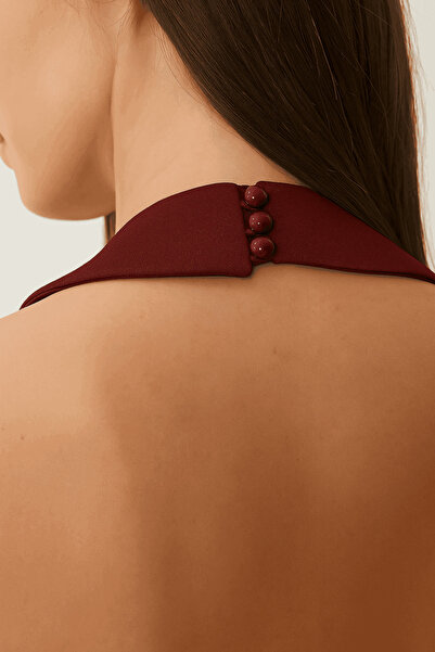 Glysso Halter Yaka Yırtmaçlı Midi Elbise Bordo