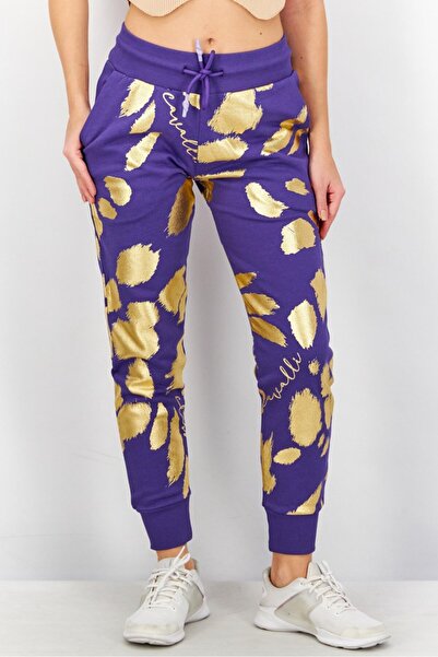 Cavalli Class Women Drawstring Knitted Jogger Pants, Purple and Gold