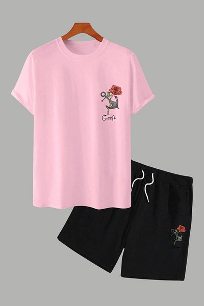 MELADYAN Rose Anchor Printed Pink T-Shirt Black Shorts Bottom Top Set