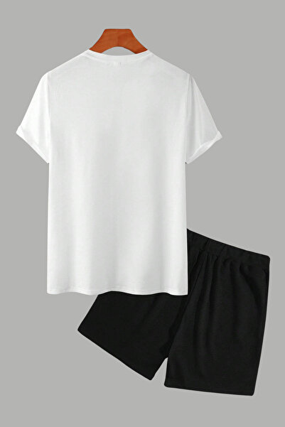 MELADYAN Rhythm Mountain Printed White T-Shirt Black Shorts Bottom Top Set