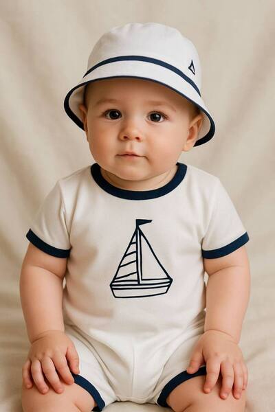 UrazTasarım Gemili 2'li Takım, Şapkalı Tulum Takım, Lacivert Şeritli