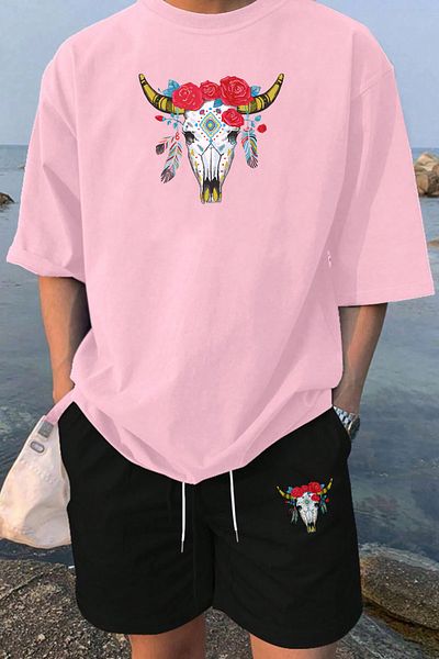 MELADYAN Colorful Cow Head Printed Pink T-Shirt Black Shorts Bottom Top Set