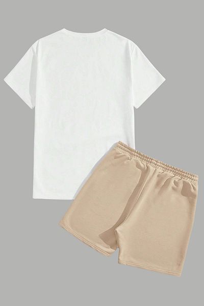 MELADYAN Snake Printed White T-Shirt Beige Shorts Bottom Top Set