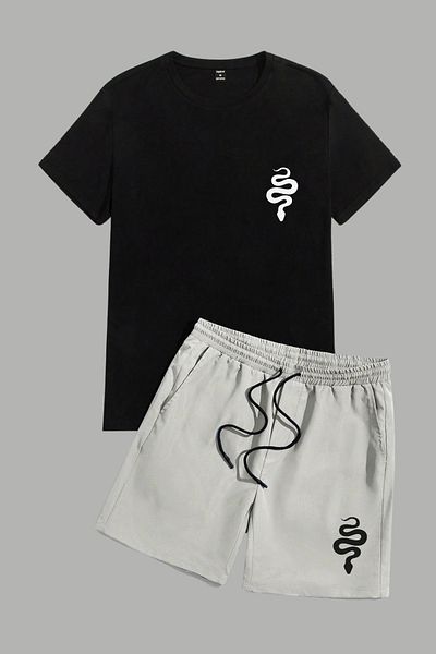 MELADYAN Snake Printed Black T-Shirt Gray Shorts Bottom Top Set
