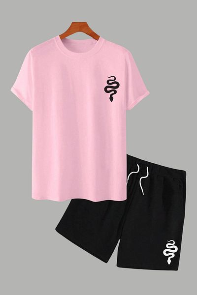 MELADYAN Snake Printed Pink T-Shirt Black Shorts Bottom Top Set