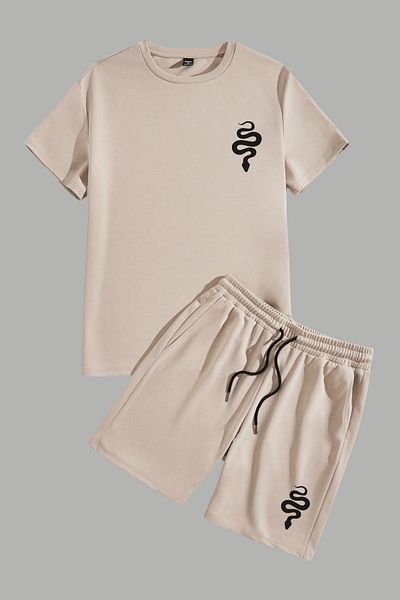 MELADYAN Snake Printed Beige T-Shirt Beige Shorts Top and Bottom Set