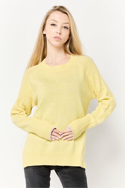 Scotch & Soda Women Ribbed Neck Long Sleeves Textured Sweater, Light Yellow