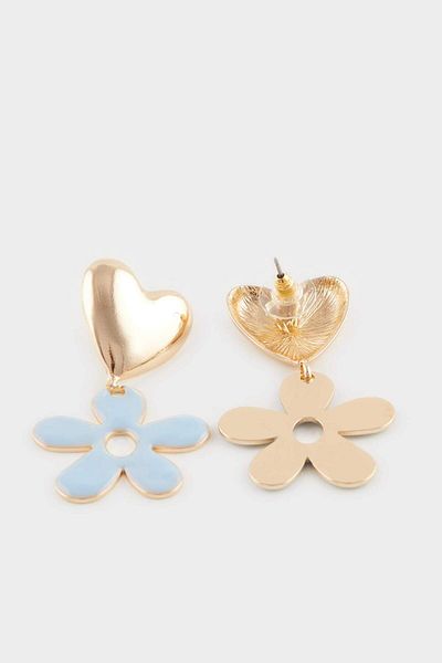 DeFacto Women's Blue Floral Gold Heart Earrings F0700Axns
